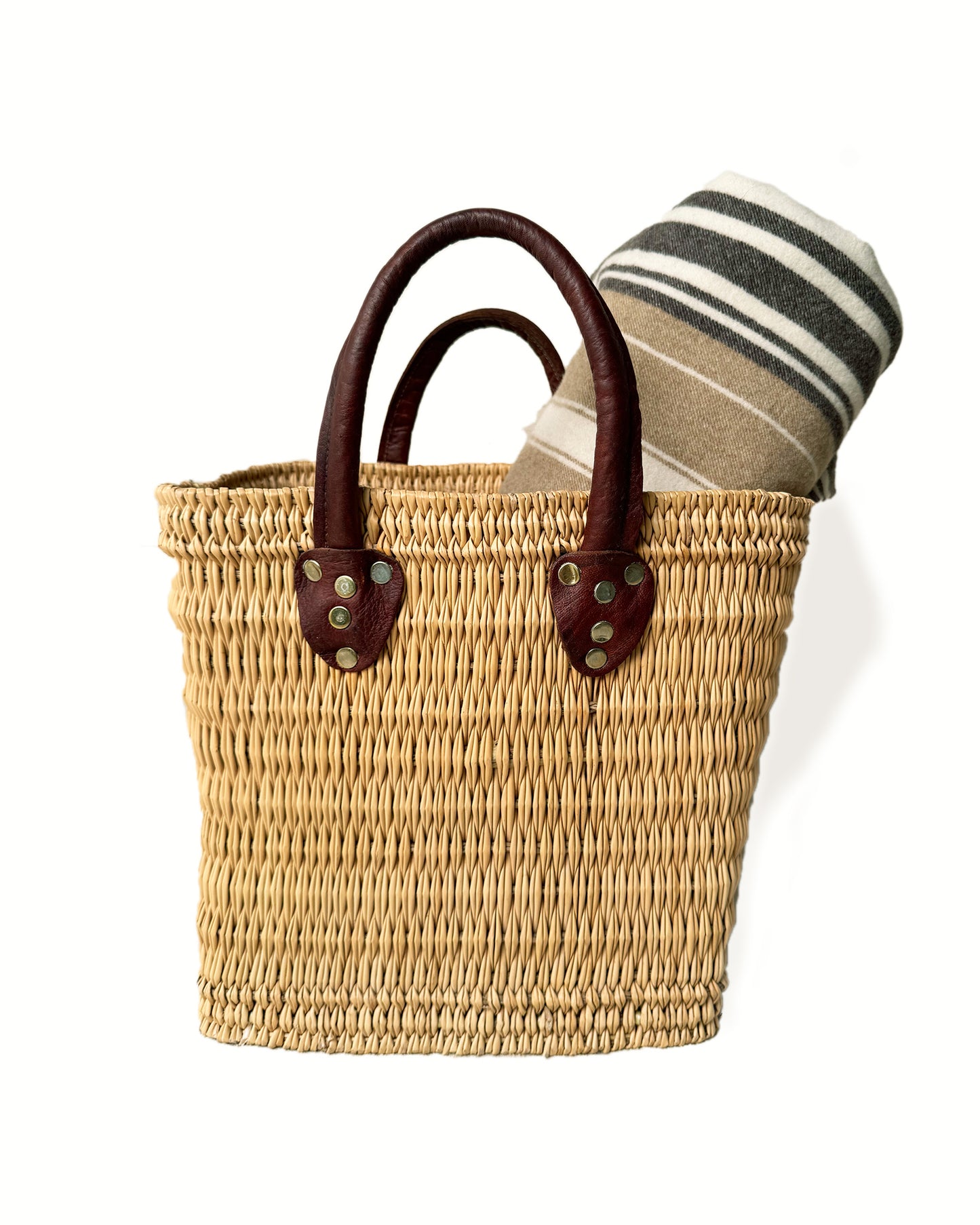 Wicker Woven Market Bag | Basket with Leather Handles