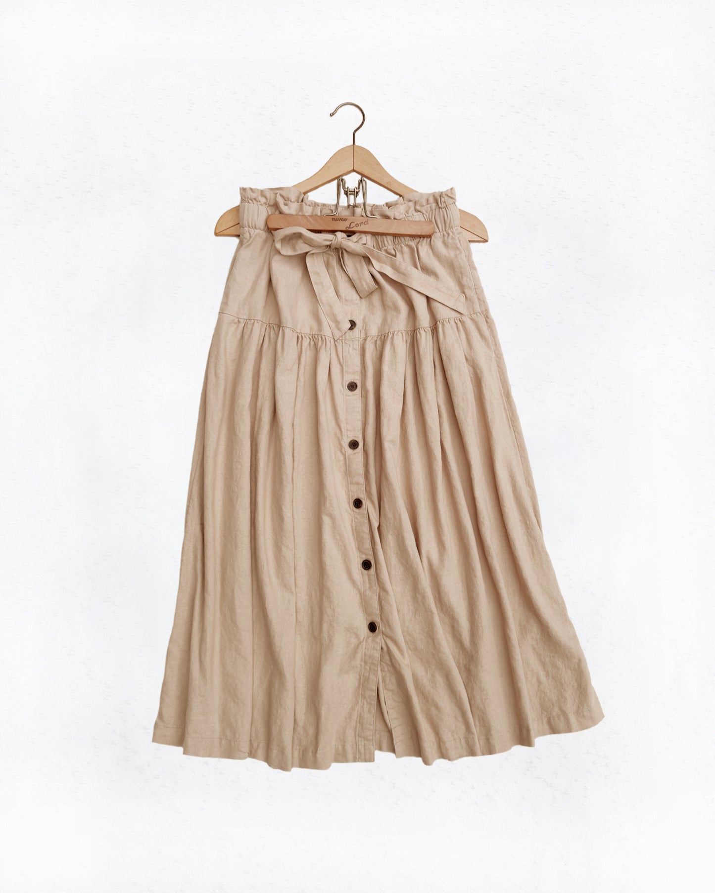 Tie Waist Button-Front Linen Blend Midi Skirt (M)