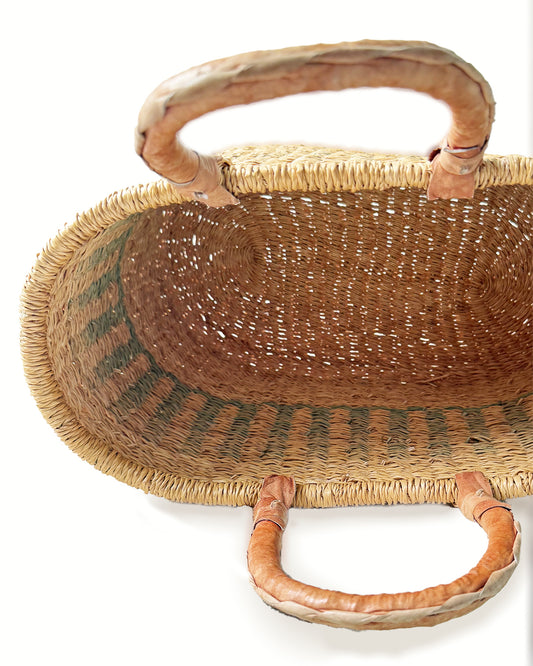 Wicker Woven Market Bag | Basket with Leather Handles with Green Accents