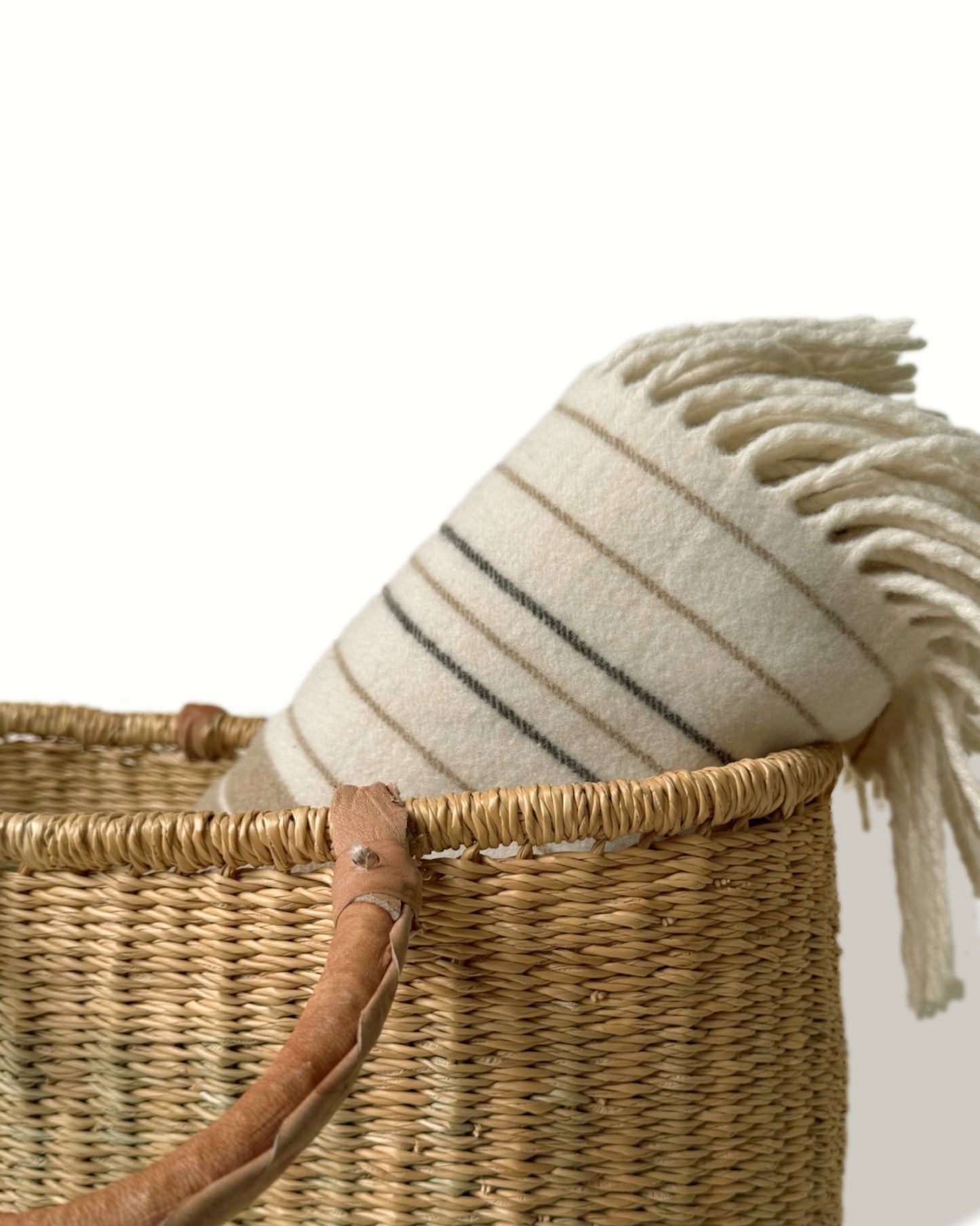 Wicker Woven Market Bag | Basket with Leather Handles with Green Accents