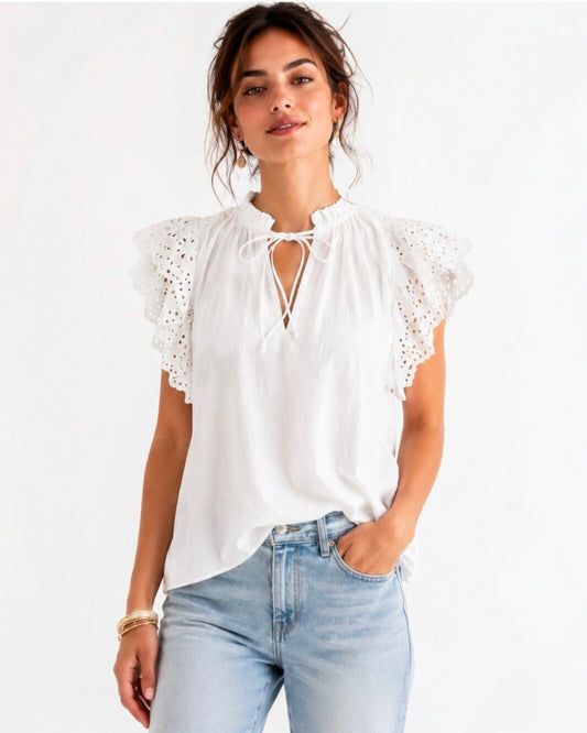 Eyelet Lace Flutter-Sleeve Peasant Blouse (S)