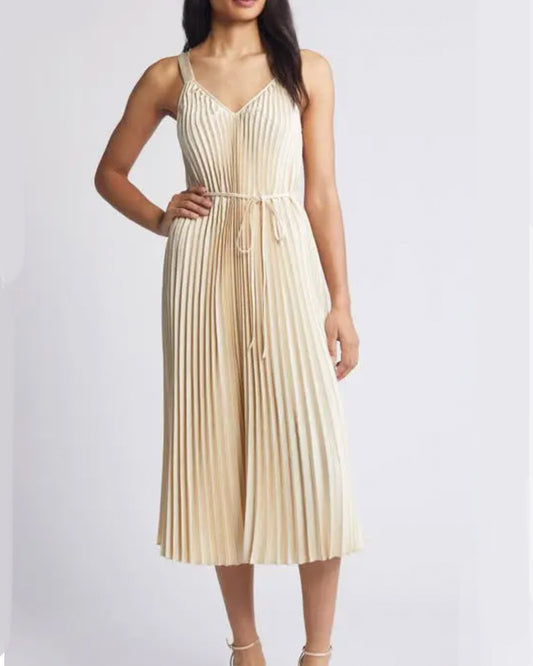 Plissé Tie Waist Satin Midi Dress (XL)