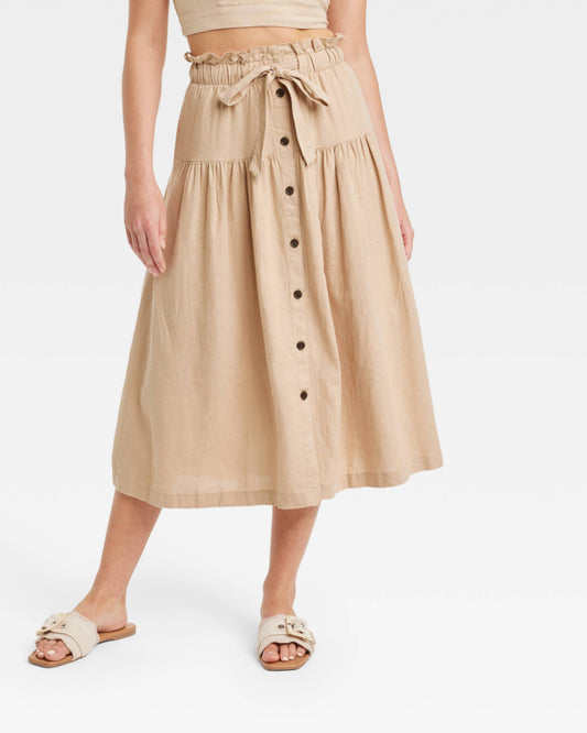 Tie Waist Button-Front Linen Blend Midi Skirt (M)
