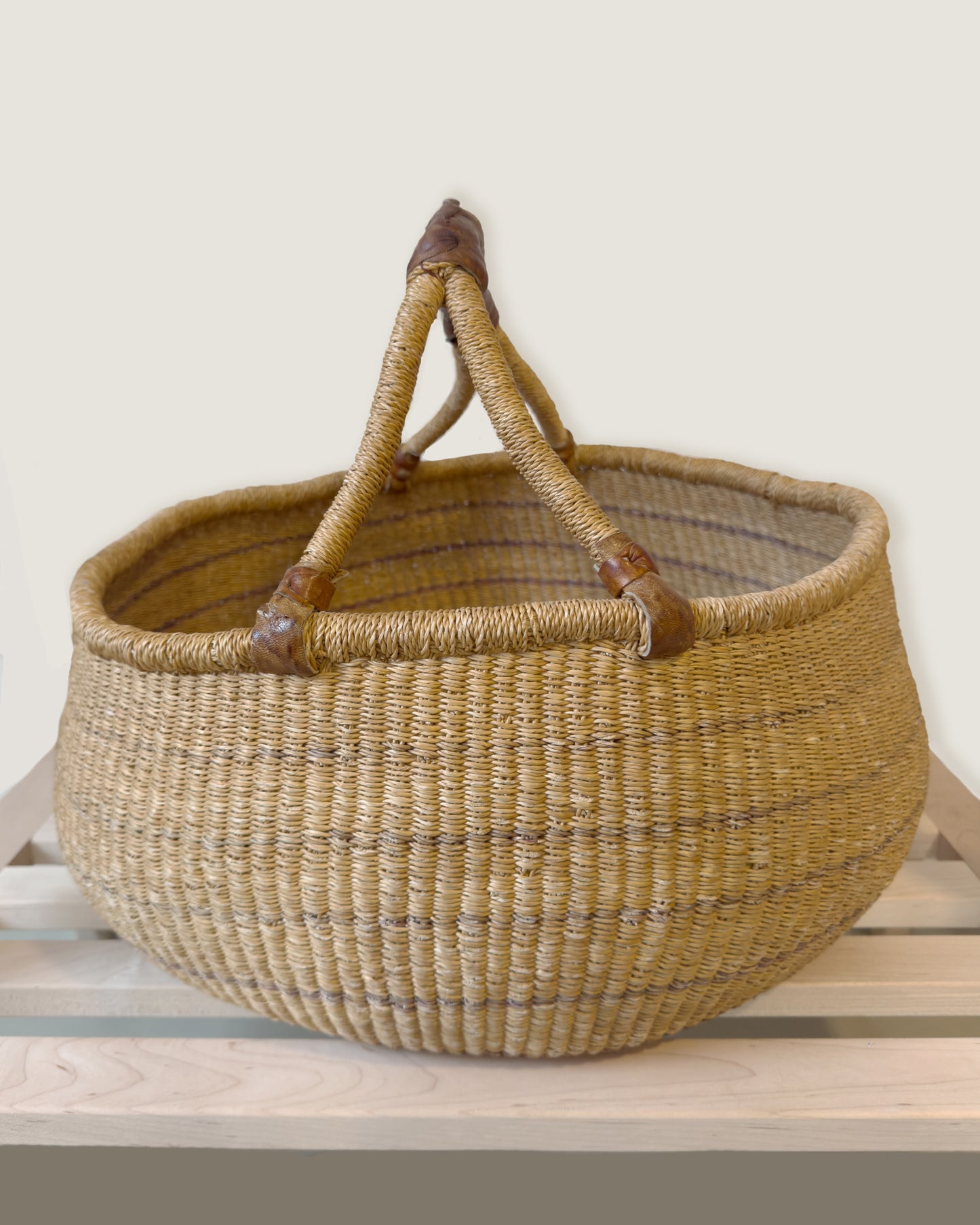 Handwoven Bolga Basket with Leather Handles (Large)