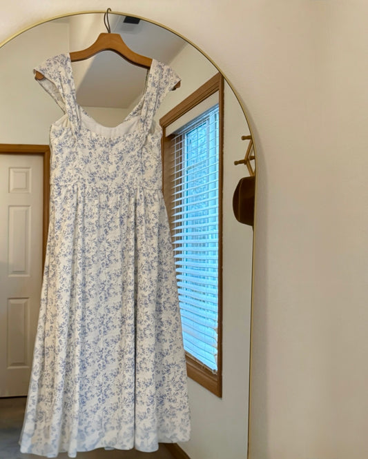 Floral Linen Blend French Country Midi Dress (M)