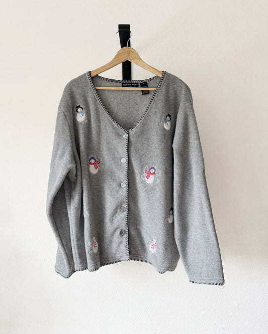 Embroidered Snowmen Fleece Cardigan (1X)