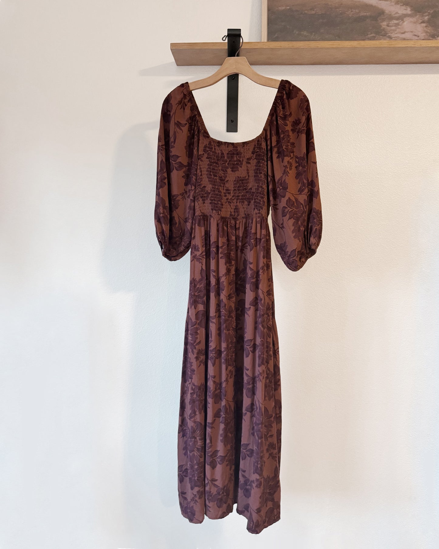 Puff Sleeve Shirred Midi Dress (M)