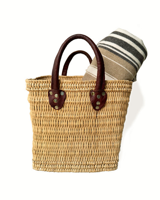Wicker Woven Market Bag | Basket with Leather Handles