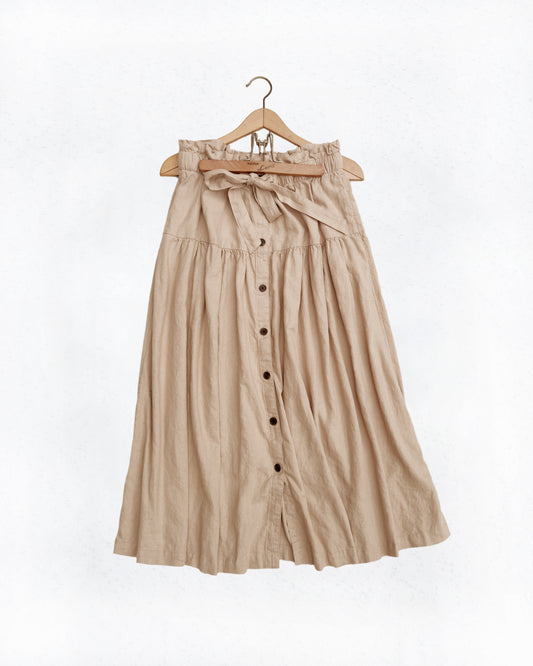 Tie Waist Button-Front Linen Blend Midi Skirt (M)