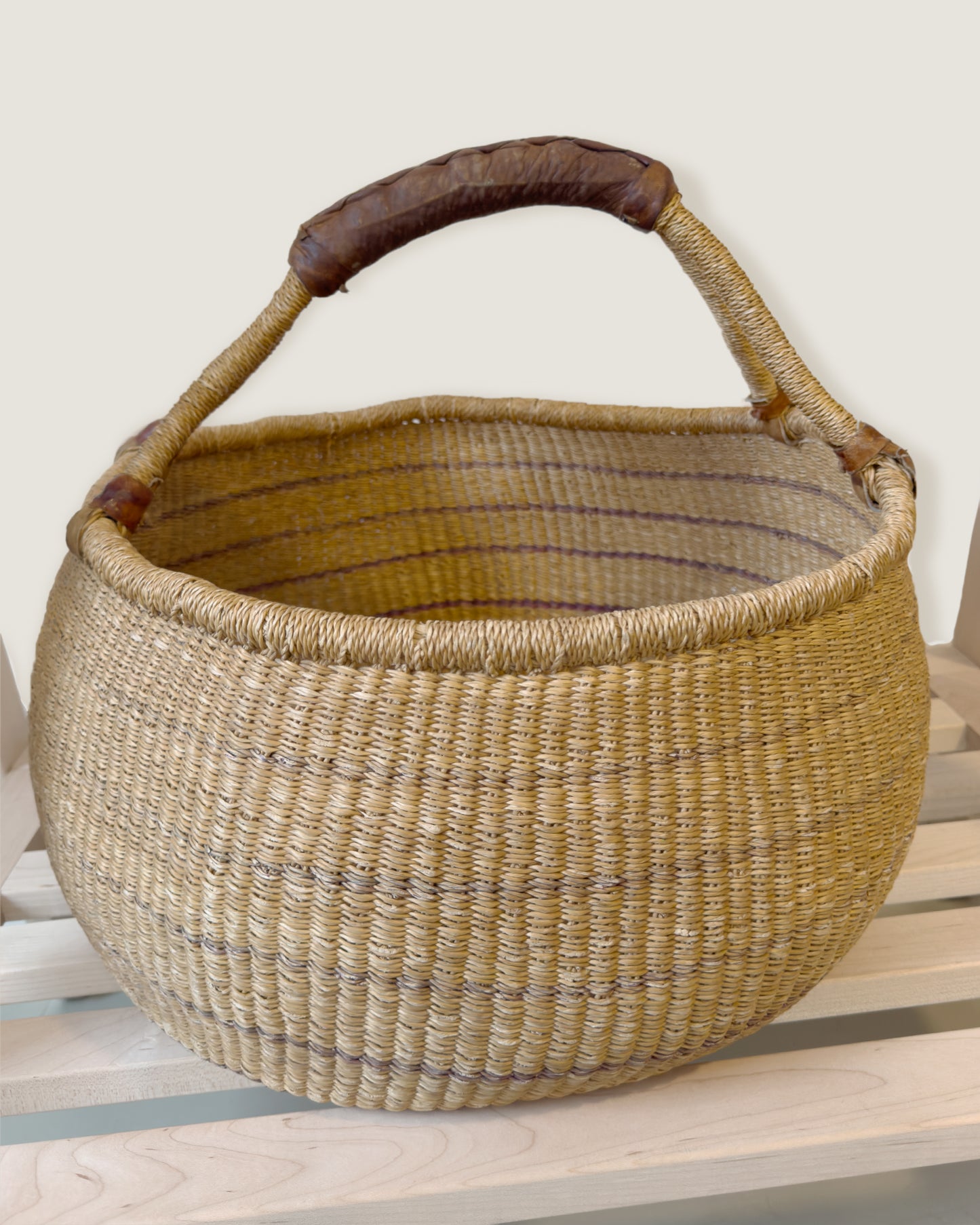 Handwoven Bolga Basket with Leather Handles (Large)