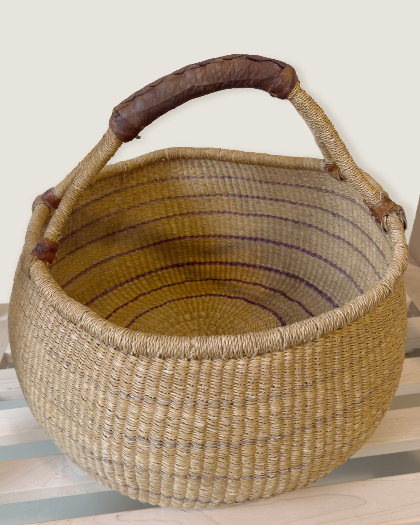 Handwoven Bolga Basket with Leather Handles (Large)