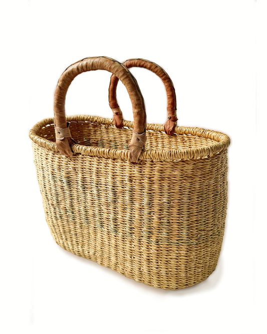Wicker Woven Market Bag | Basket with Leather Handles with Green Accents