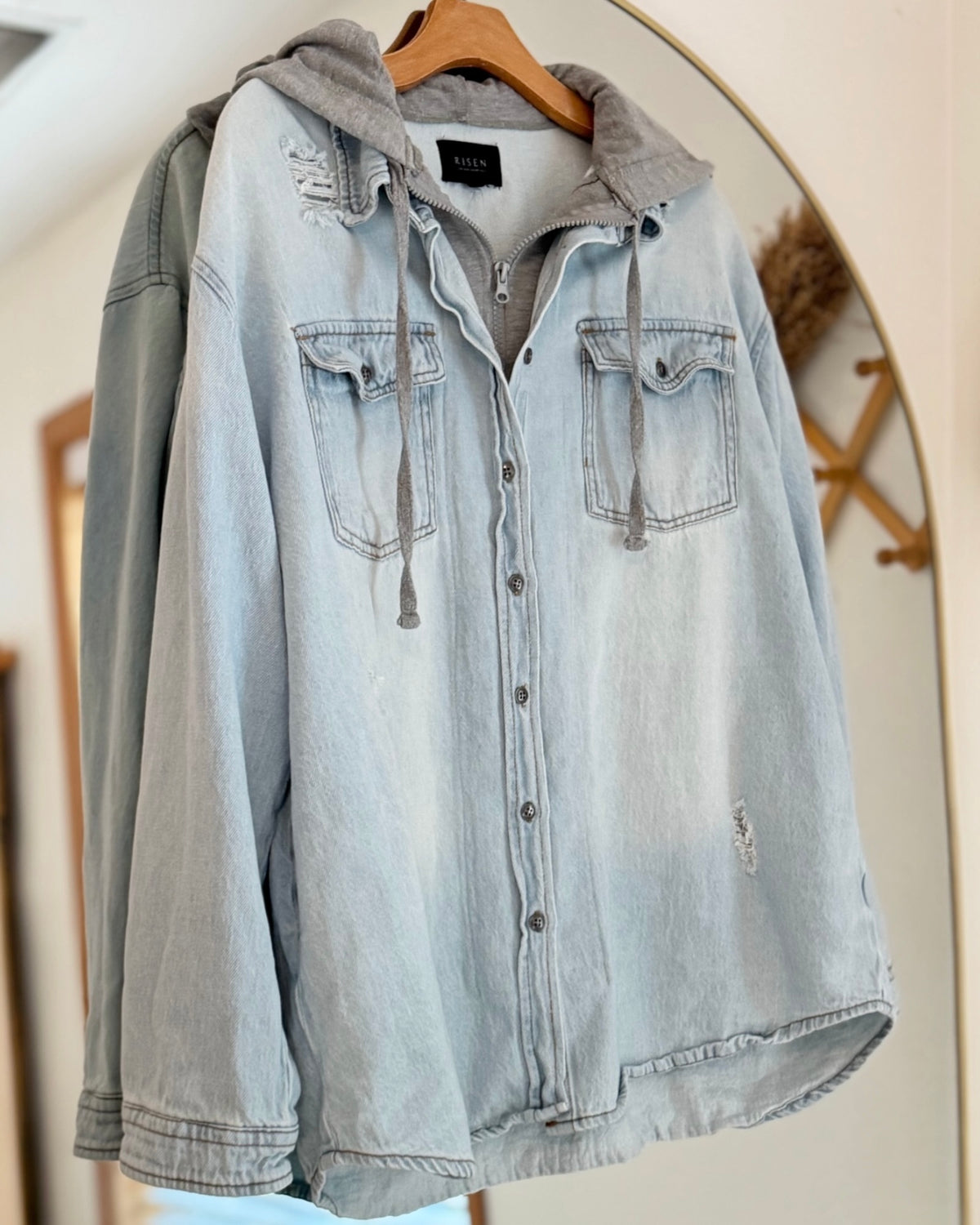 Risen Brand Distressed Hooded Denim Shacket (L- 1XL)