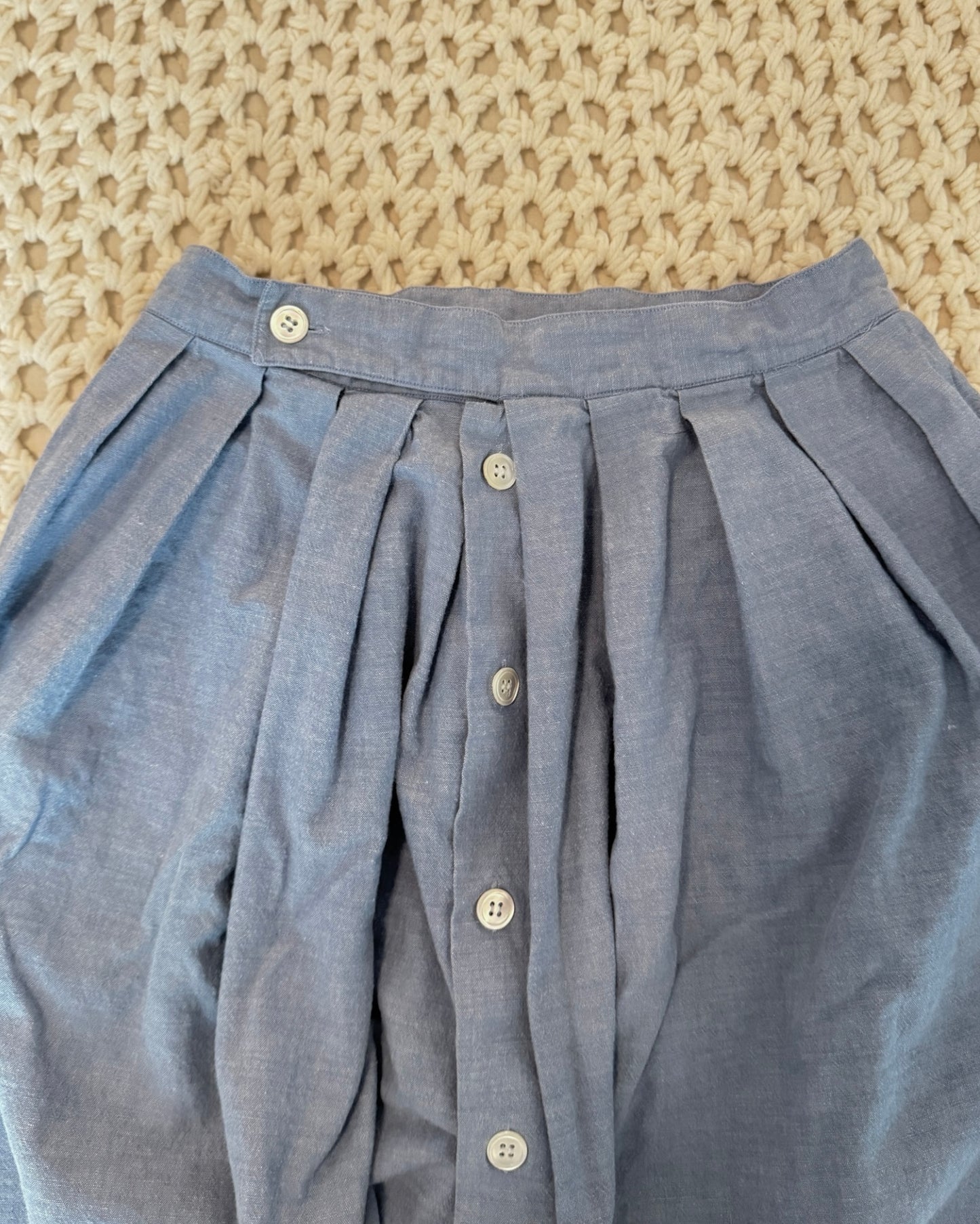 Vintage Light Blue Chambray Midi Skirt - Button Front Pleated Flared (Fits XS/S)