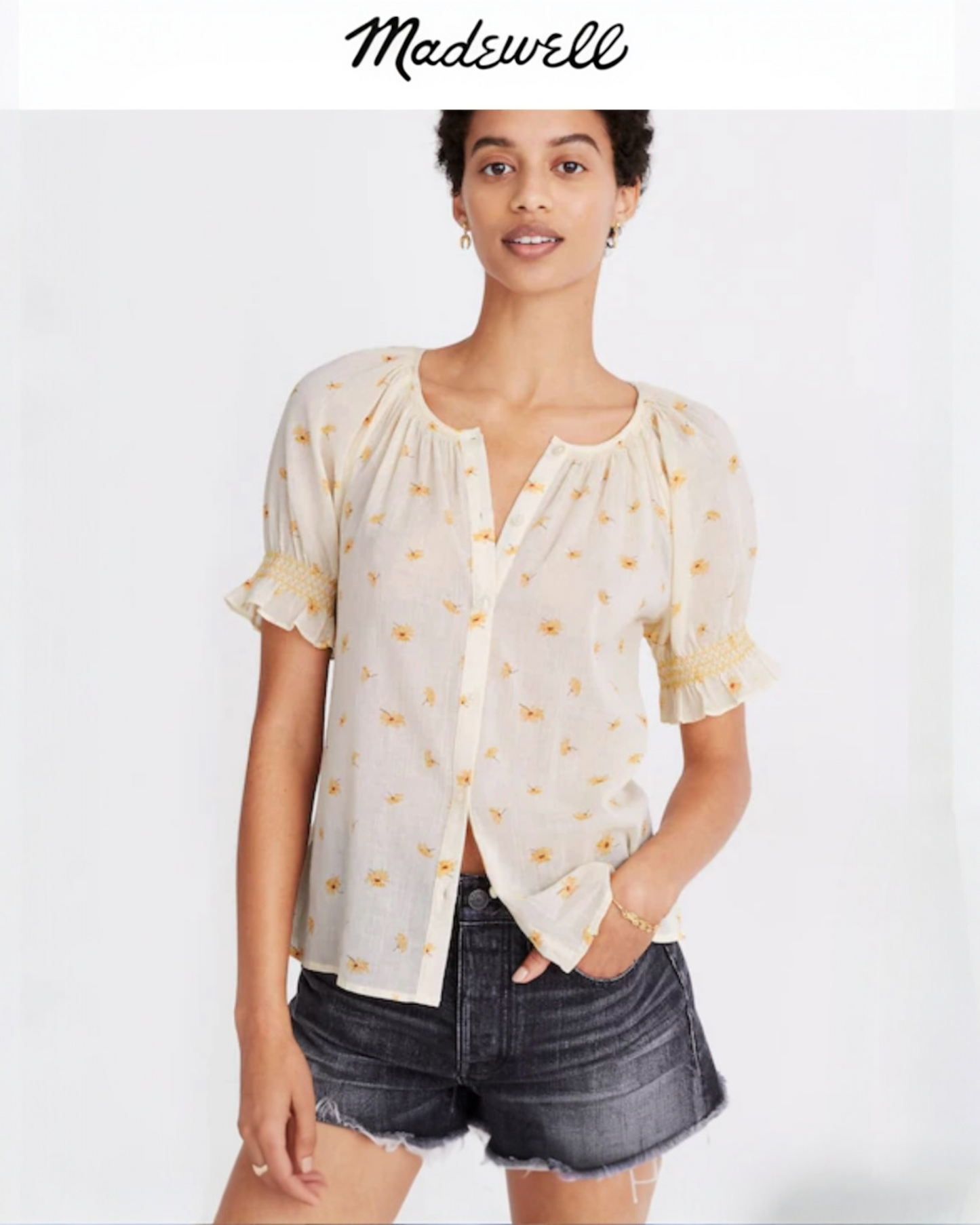 Madewell Smocked Button-Up Top in French Daisies (M)