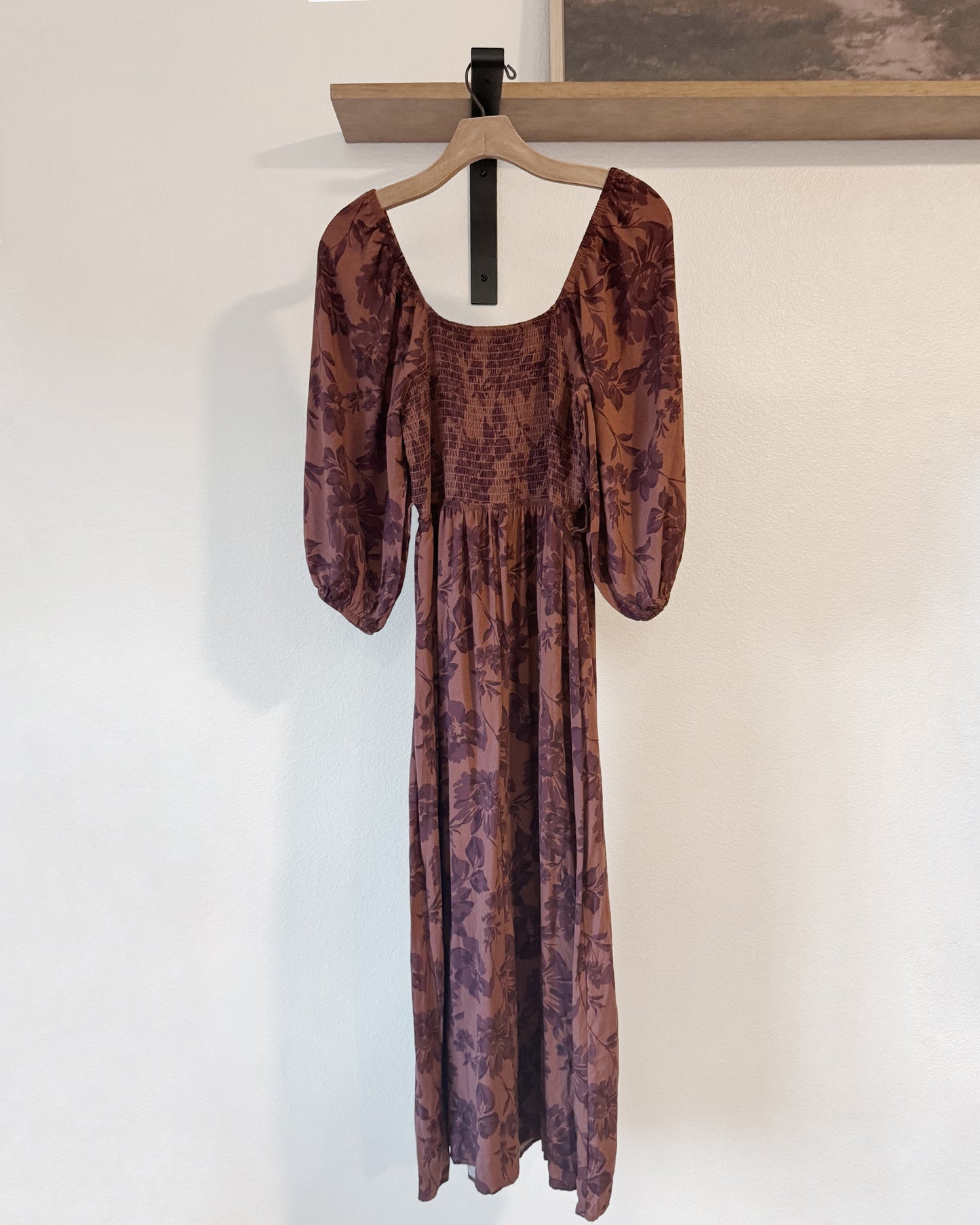 Puff Sleeve Shirred Midi Dress (M)
