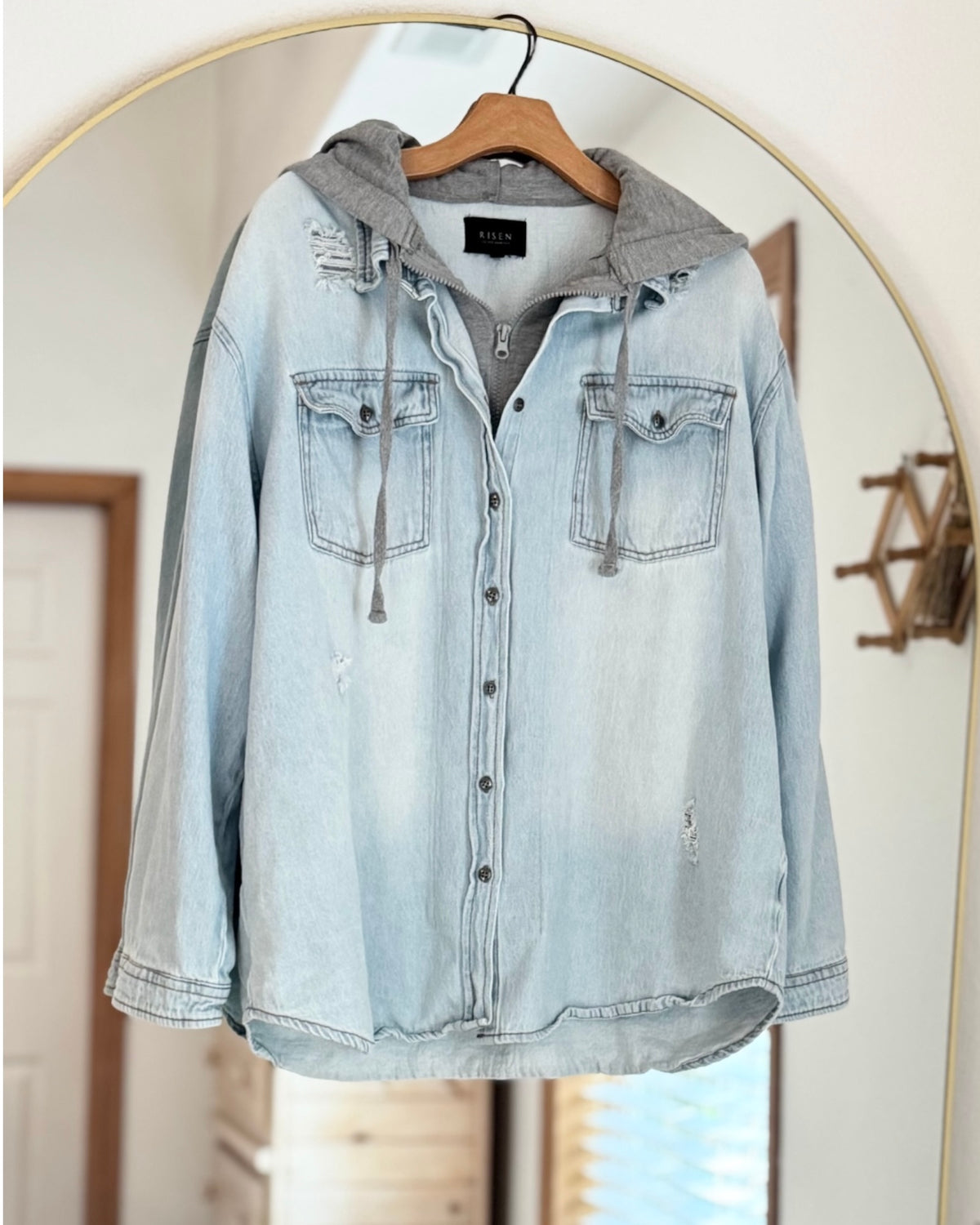 Risen Brand Distressed Hooded Denim Shacket (L- 1XL)