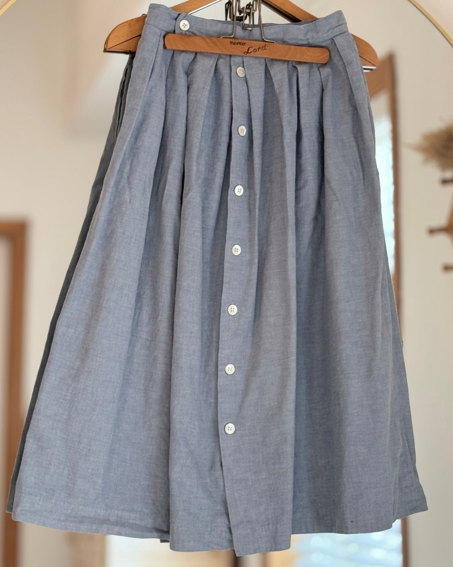 Vintage Light Blue Chambray Midi Skirt - Button Front Pleated Flared (Fits XS/S)