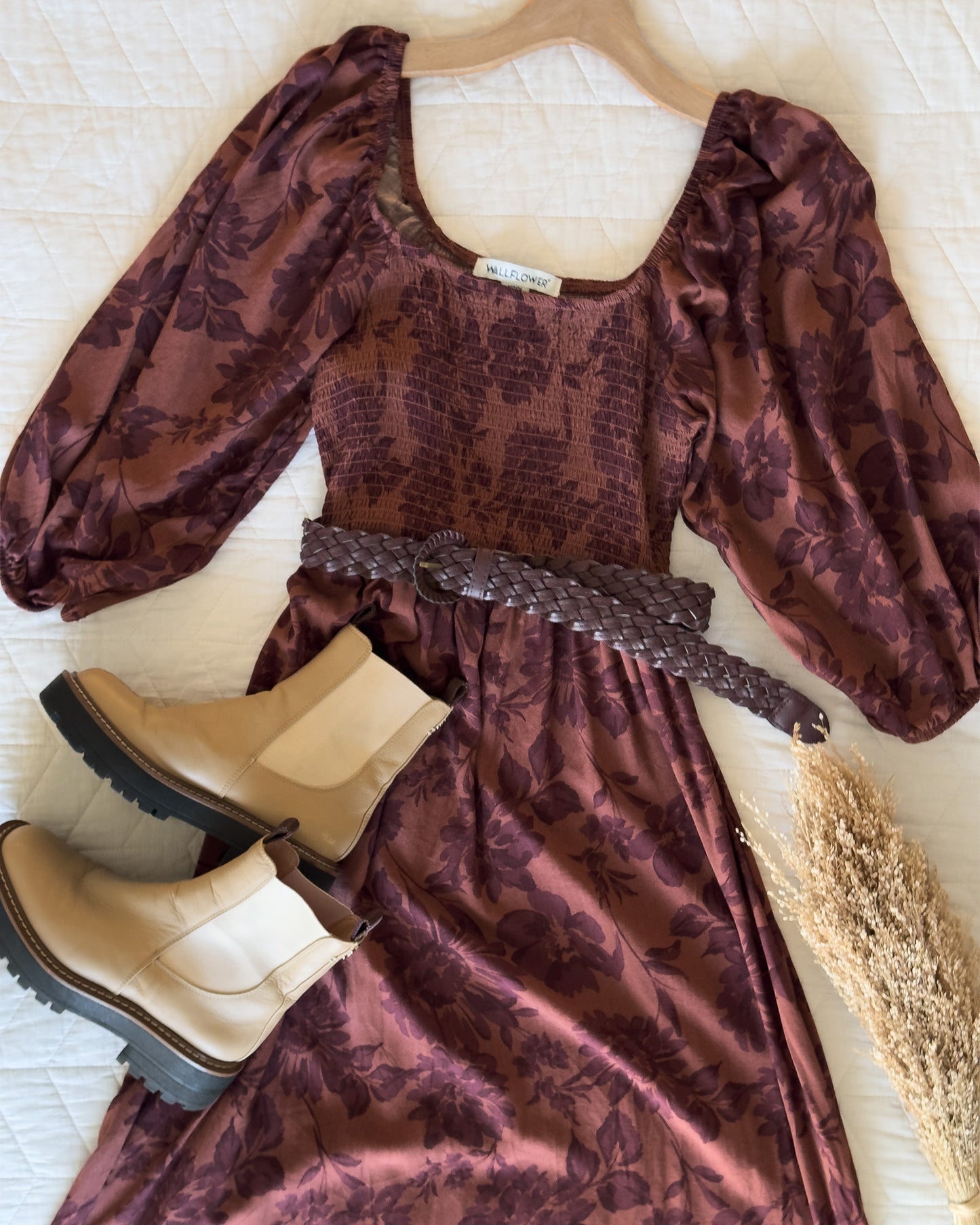 Puff Sleeve Shirred Midi Dress (M)