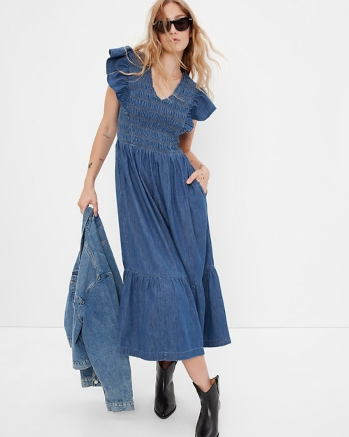Gap Denim Ruffle Sleeve Smocked Midi Dress (S)