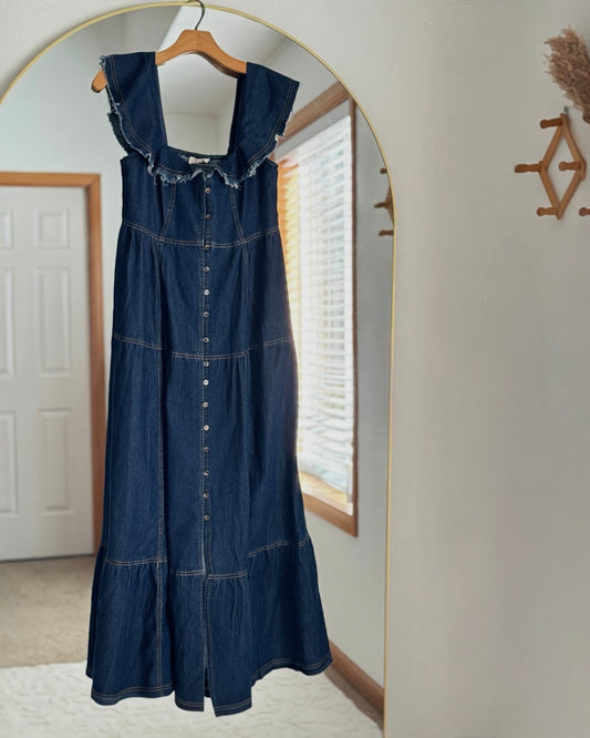 Flutter-Sleeve Denim Buttondown Dress (S)