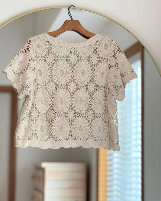 Crochet Floral Button-Front Cardigan (L)
