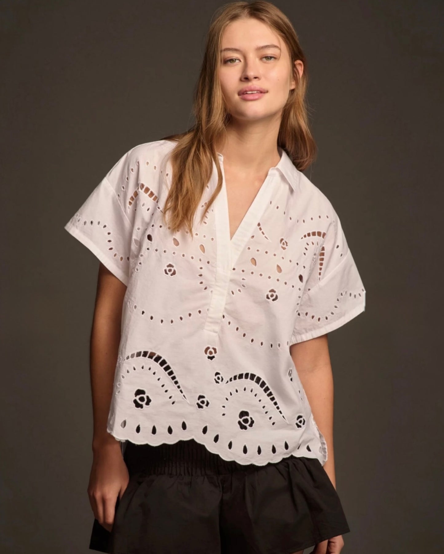 Anthropologie Short-Sleeve Eyelet Popover Blouse (M)