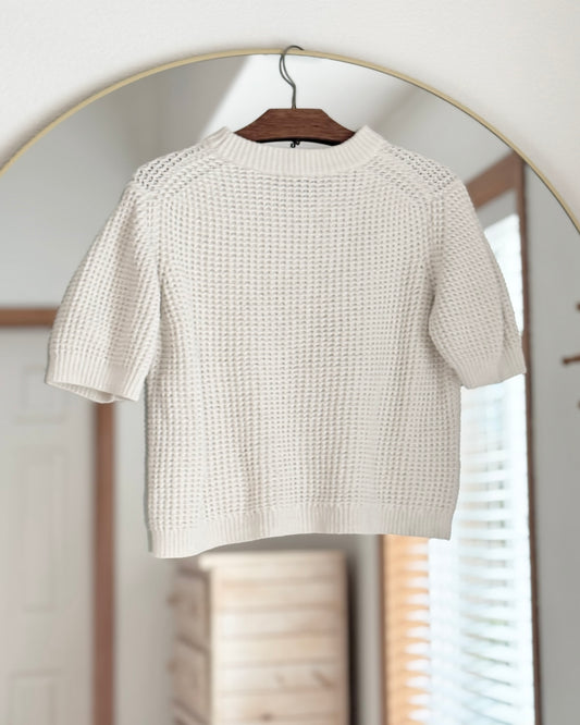 Waffle Knit Boxy Short-Sleeve Sweater (M)