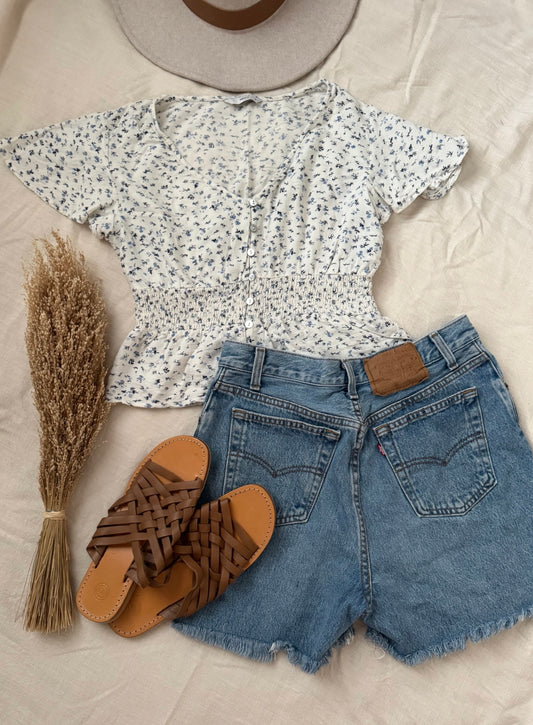 Floral Flutter Sleeve Peplum Top (S)
