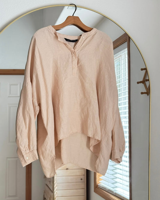 Linen Mandarin Collar Popover Top (XXL)