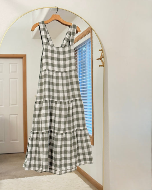 Gingham Linen Midi Dress (L)